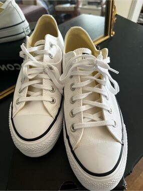 Converse White Low-Top Platform Canvas Sneakers with Black Trim